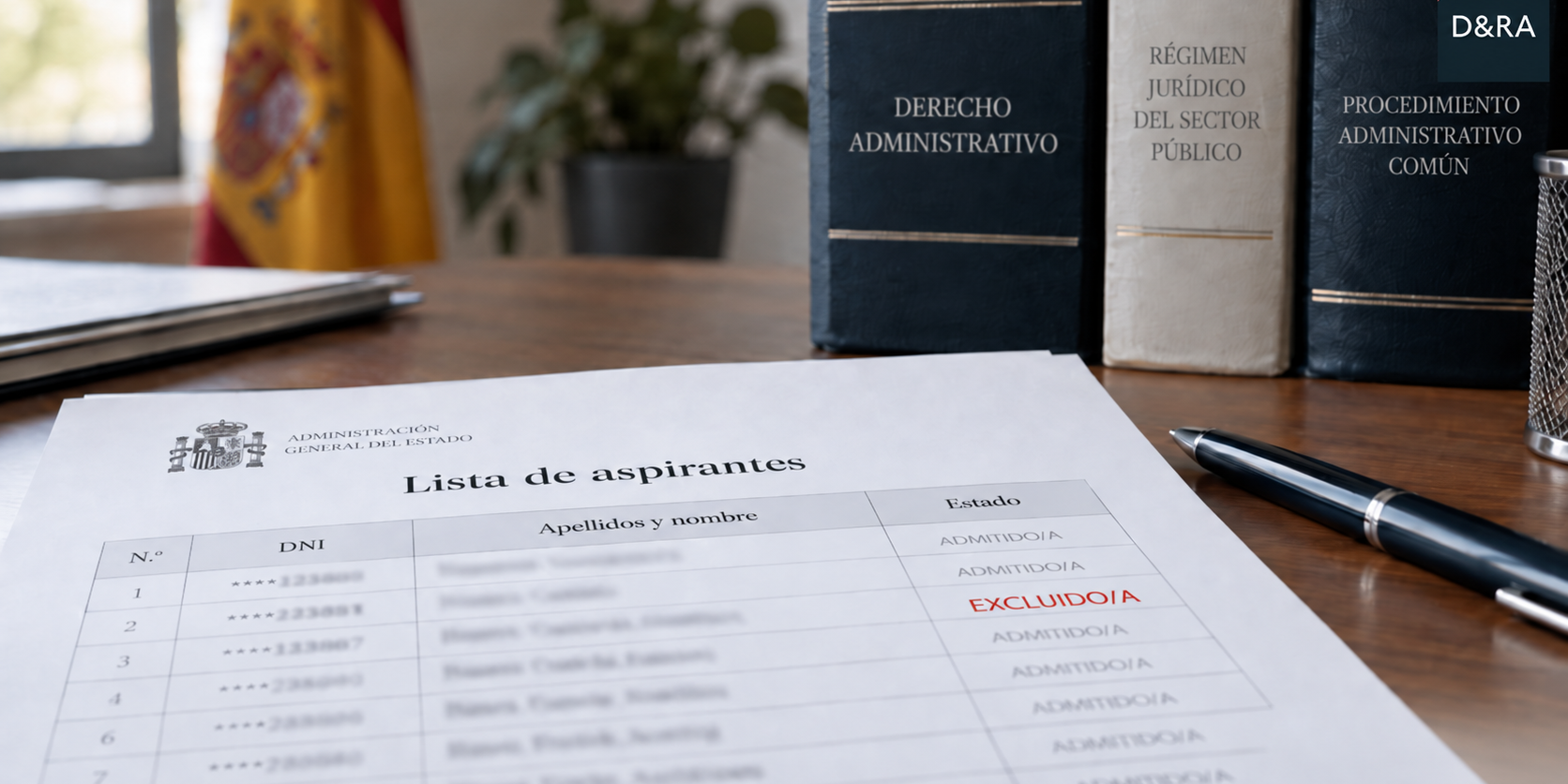 Lista de aspirantes con una exclusión señalada en rojo, junto a libros de Derecho Administrativo y el logotipo de Díez & Romeo Abogados.