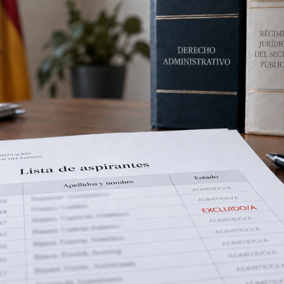 Lista de aspirantes con una exclusión señalada en rojo, junto a libros de Derecho Administrativo y el logotipo de Díez & Romeo Abogados.