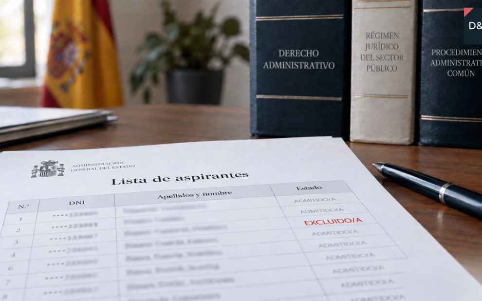 Lista de aspirantes con una exclusión señalada en rojo, junto a libros de Derecho Administrativo y el logotipo de Díez & Romeo Abogados.