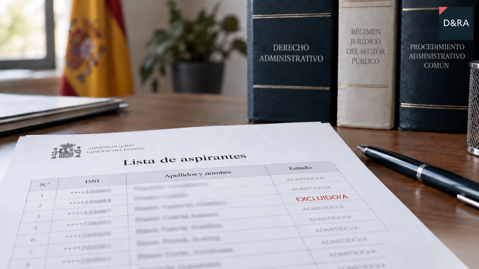 Lista de aspirantes con una exclusión señalada en rojo, junto a libros de Derecho Administrativo y el logotipo de Díez & Romeo Abogados.